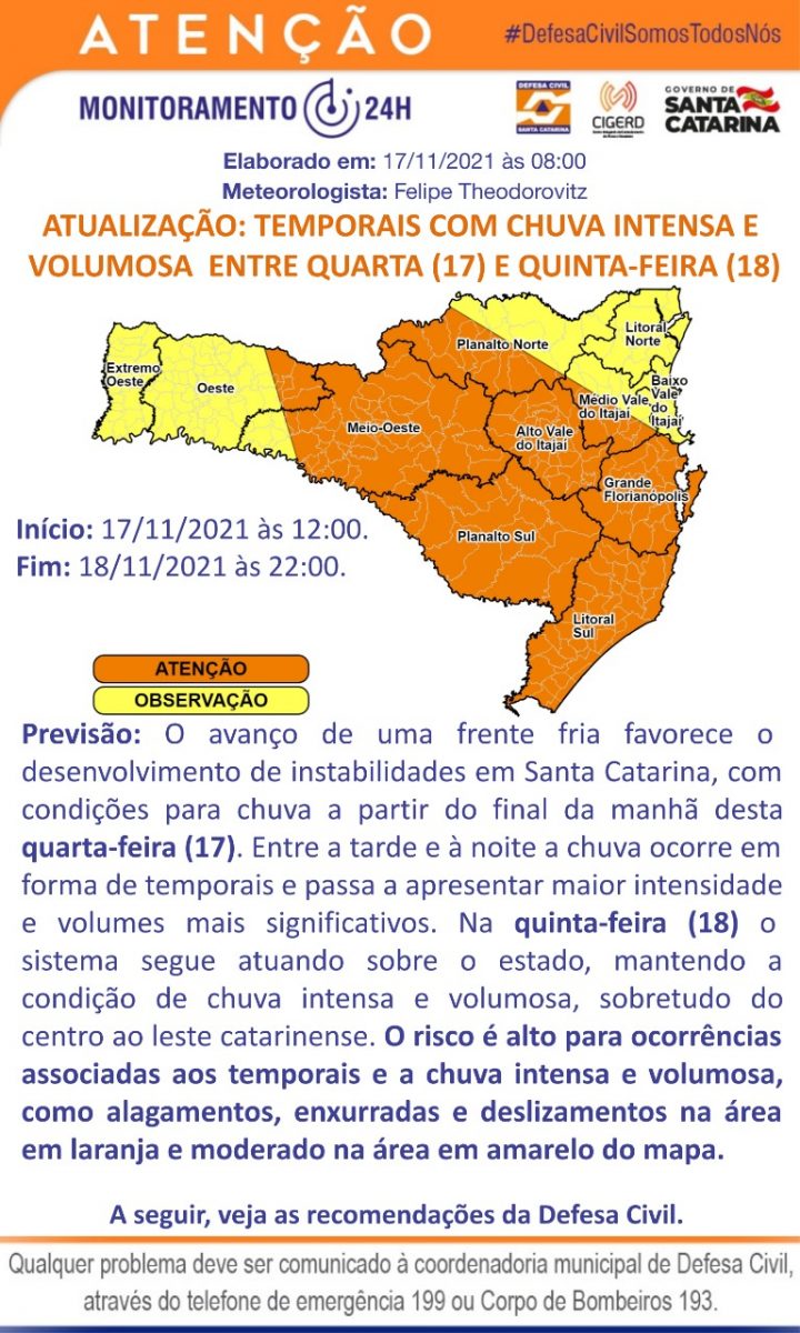 Defesa Civil alerta para possibilidade de temporais nesta quarta-feira (17)