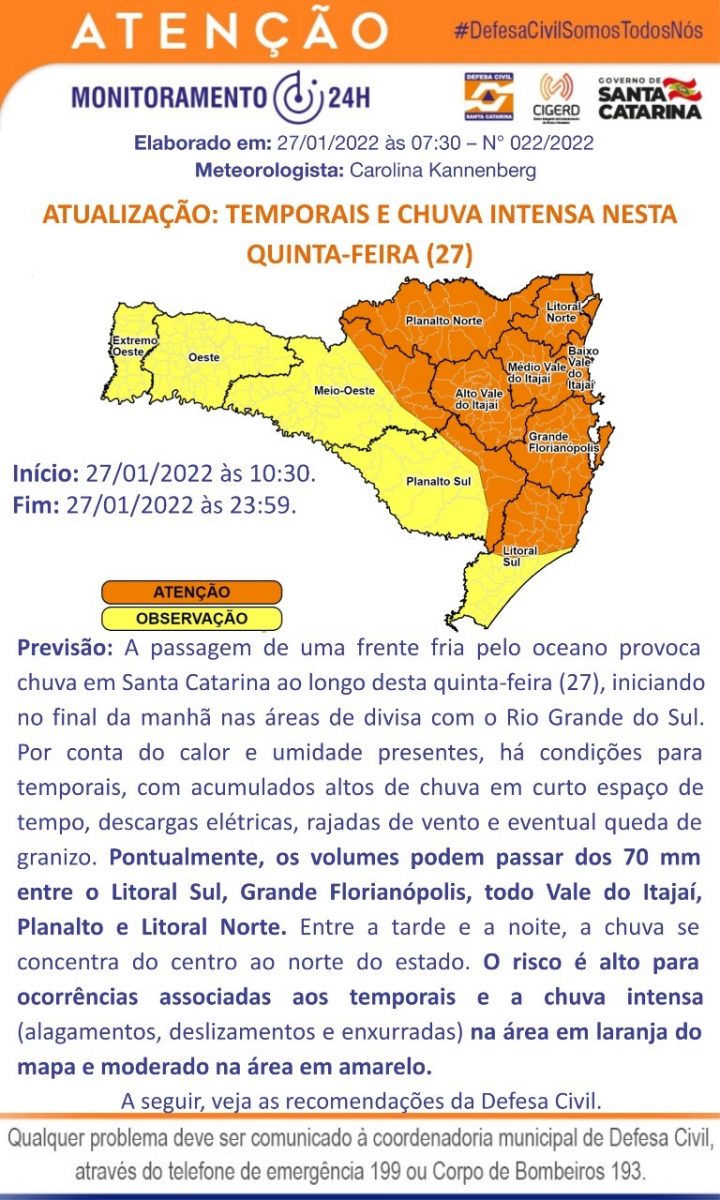 Defesa Civil emite alerta de temporais e chuva intensa para esta quinta-feira