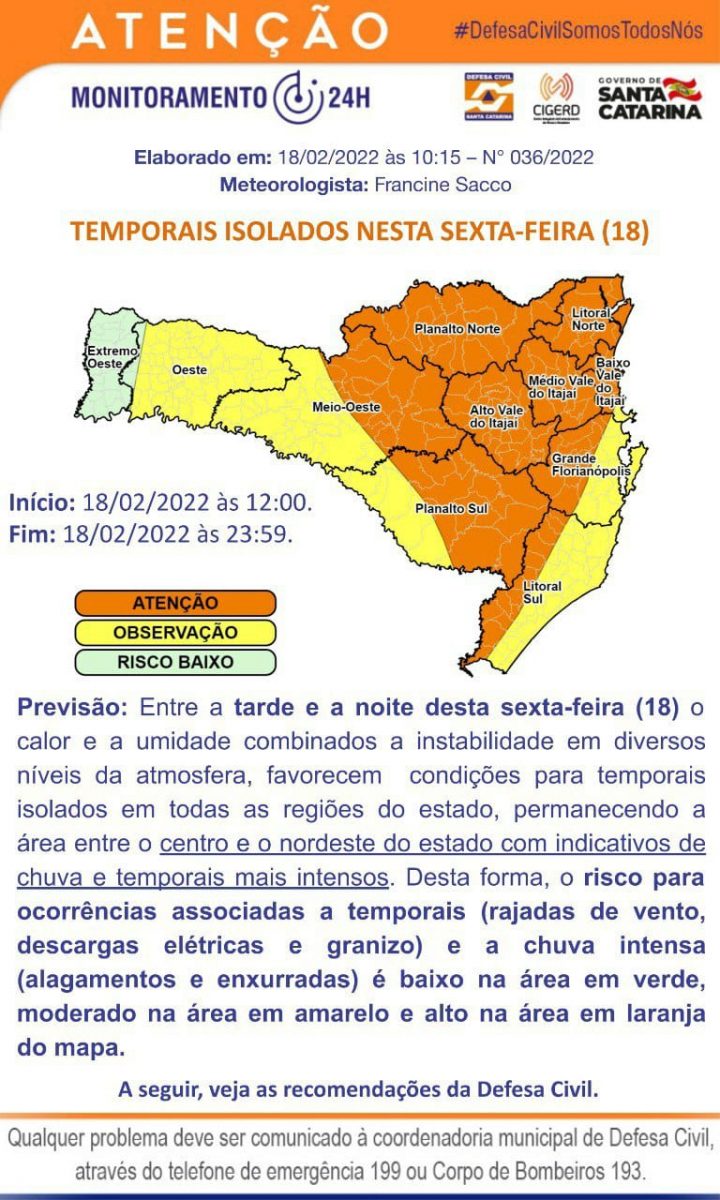 Defesa Civil alerta para ocorrência de temporais na tarde e noite desta sexta-feira (18)