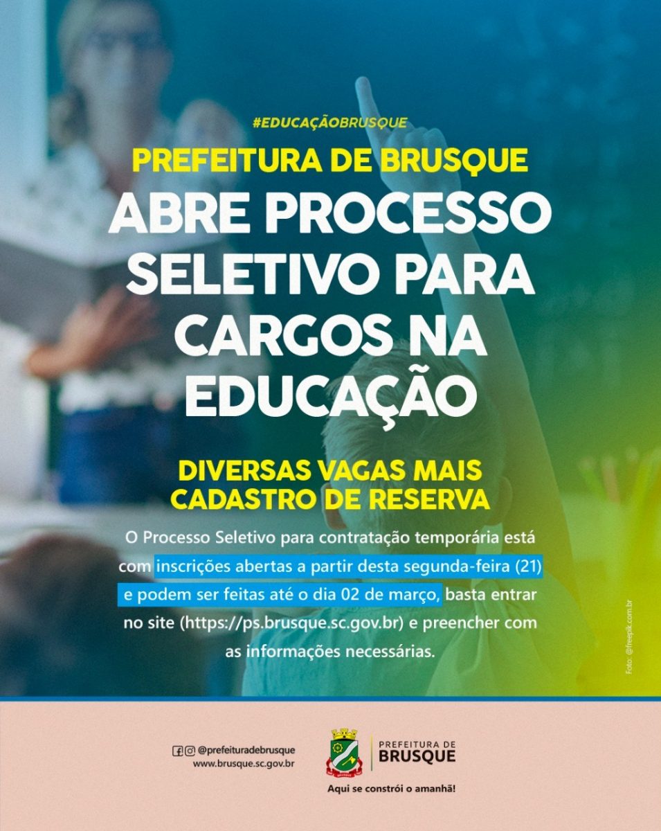 Prefeitura de Brusque abre processo seletivo para cargos na educação