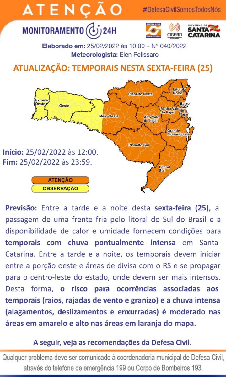 Defesa Civil está em estado de atenção para temporais