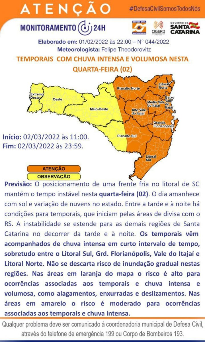 Defesa Civil está em estado de atenção para temporais