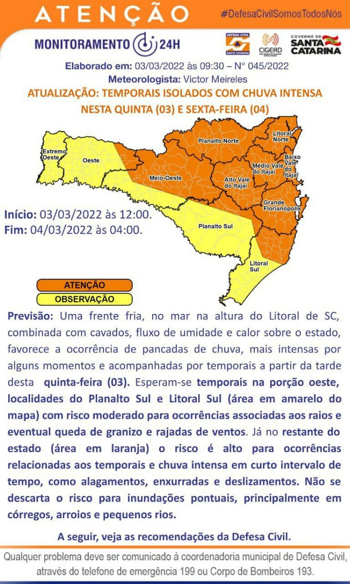 Defesa Civil está em estado de atenção para temporais isolados