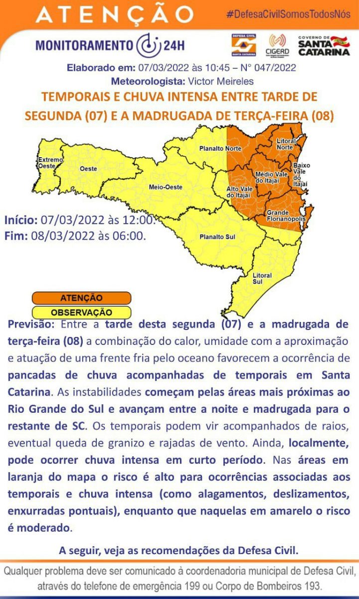 Defesa Civil está em estado de atenção para temporais