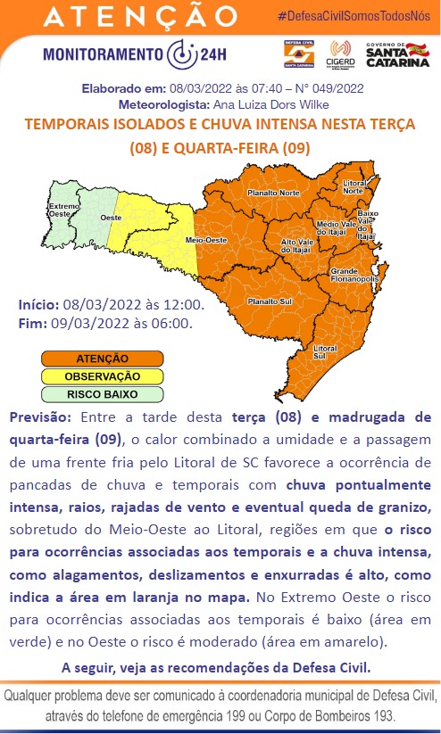 Defesa Civil está em estado de atenção para ocorrência de temporais