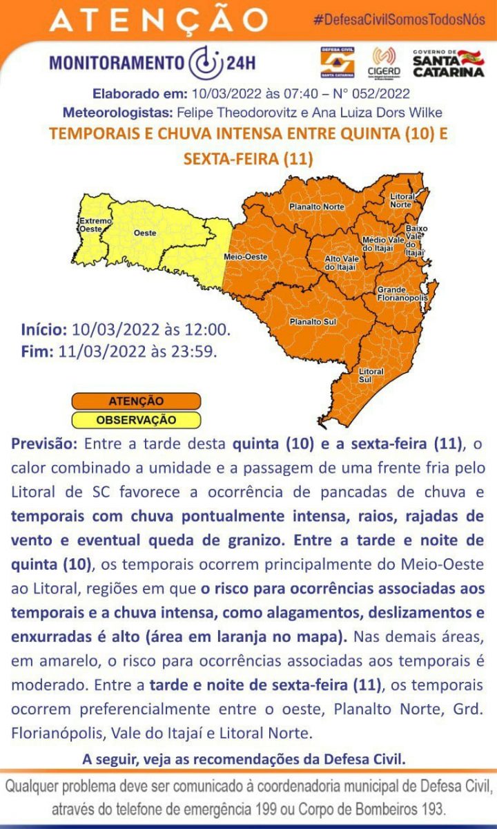 Defesa Civil está em estado de atenção para temporais