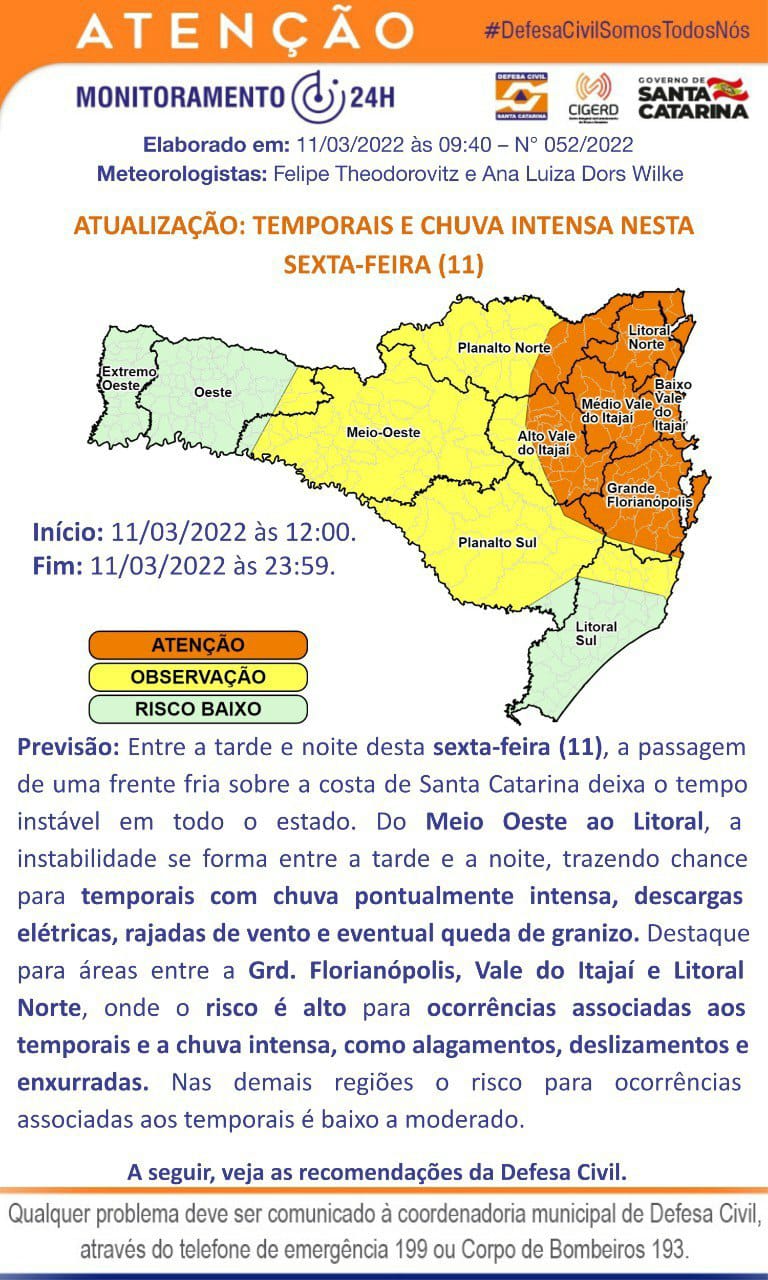 Defesa Civil está em estado de atenção para possibilidade de temporais