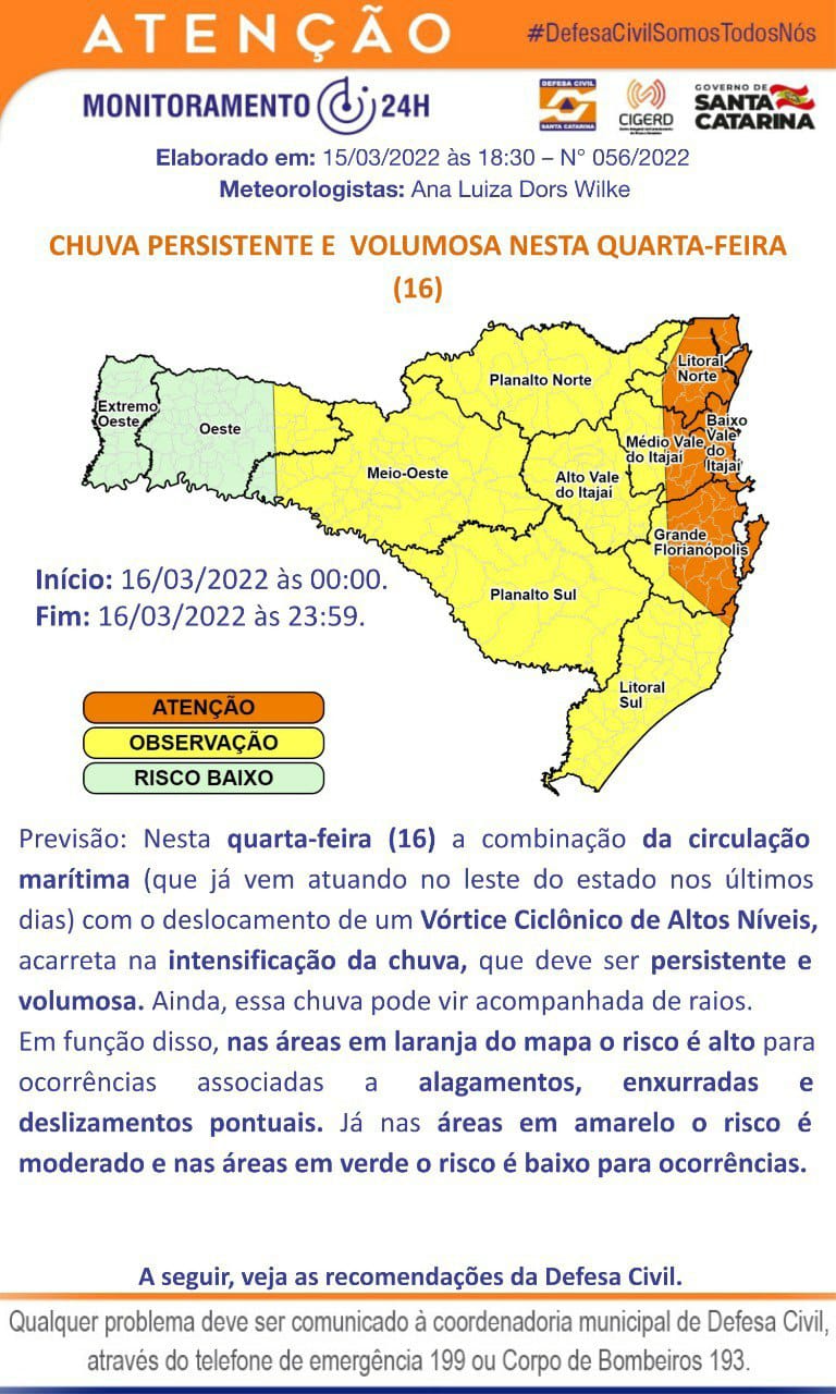 Previsão de chuva forte nesta quarta-feira em Brusque