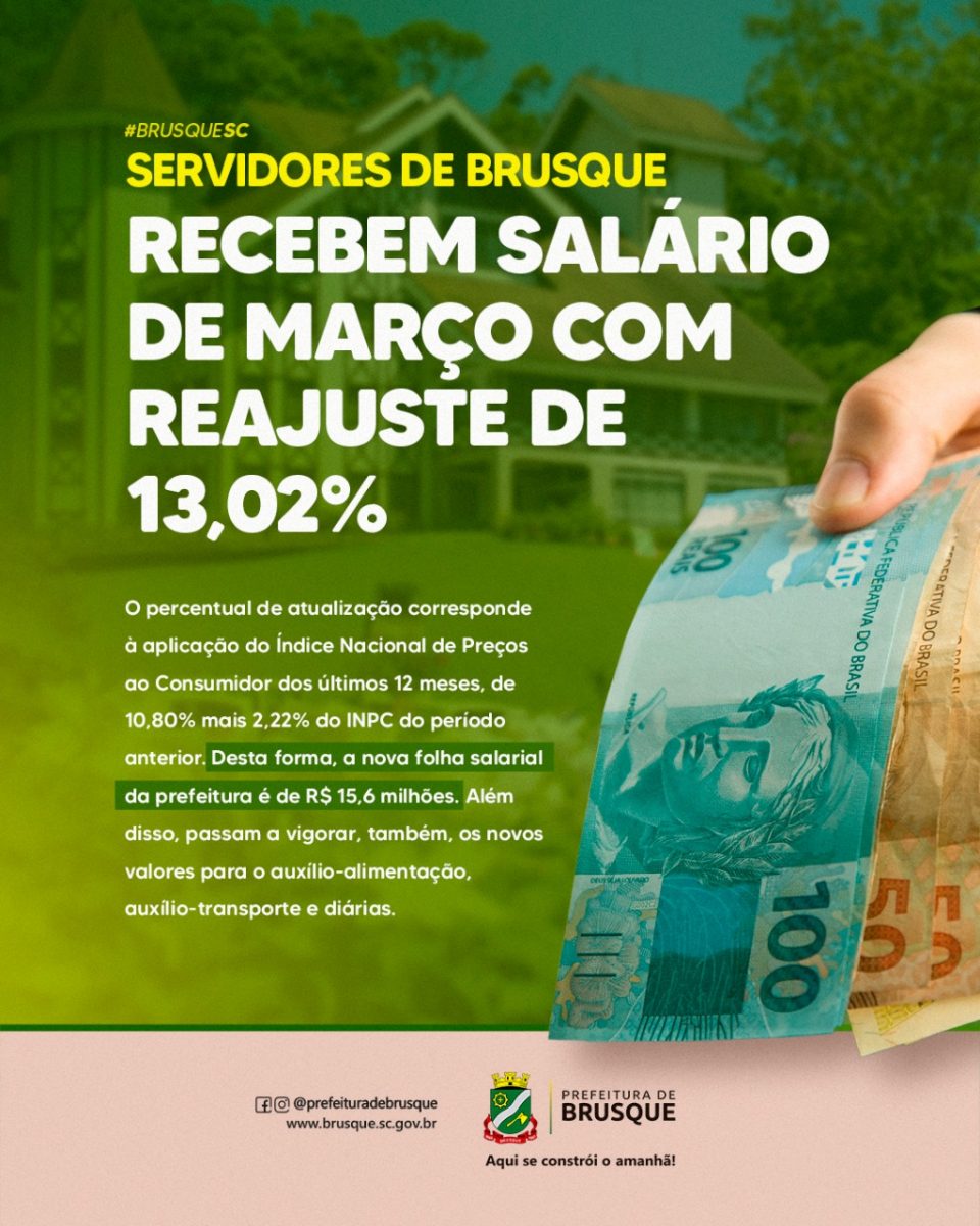 Servidores de Brusque recebem salário de março com reajuste de 13,02%