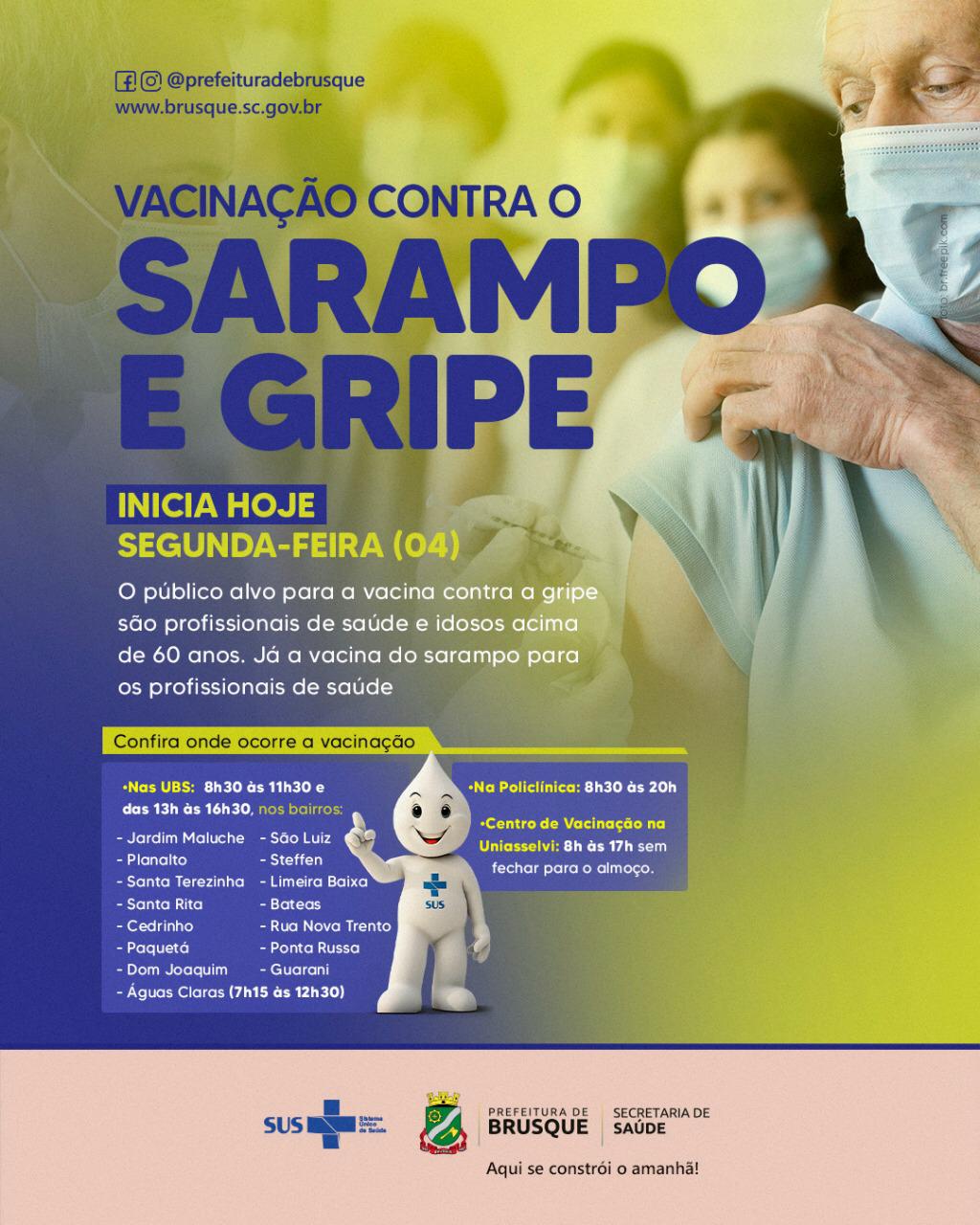 Saiba os horários e onde se vacinar contra gripe e sarampo em Brusque