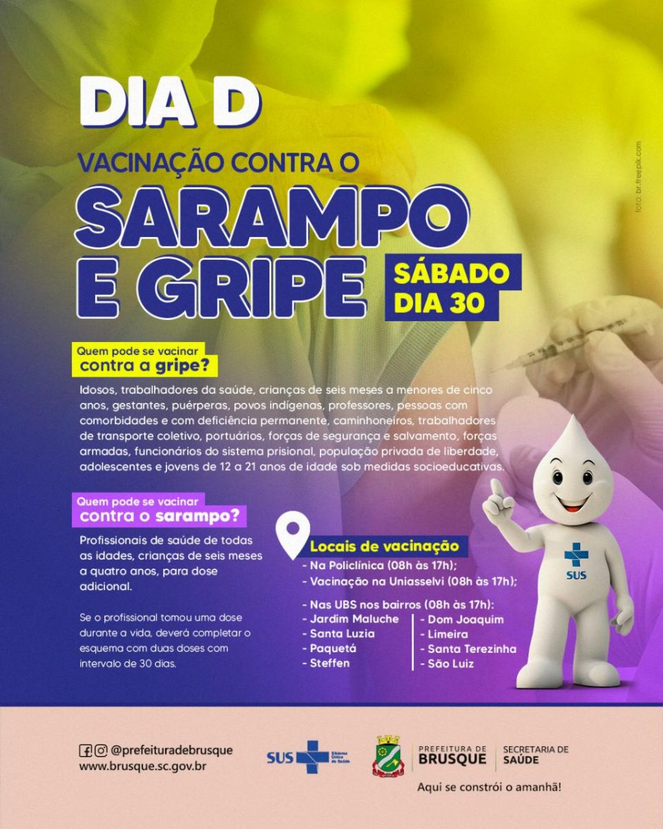 Dia D da campanha de vacinação contra a gripe e sarampo ocorre neste sábado (30)