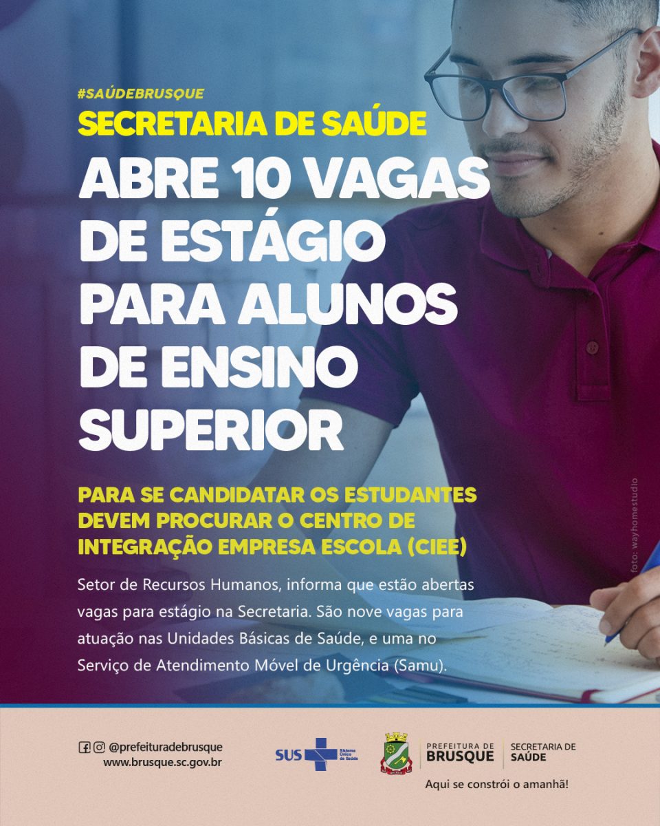 Secretaria de Saúde abre 10 vagas de estágio para alunos que cursam o ensino superior