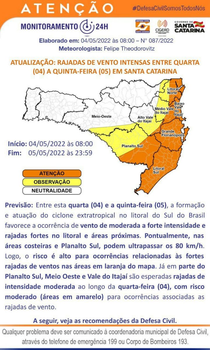 Defesa Civil alerta para rajadas de ventos nesta quarta-feira (4)