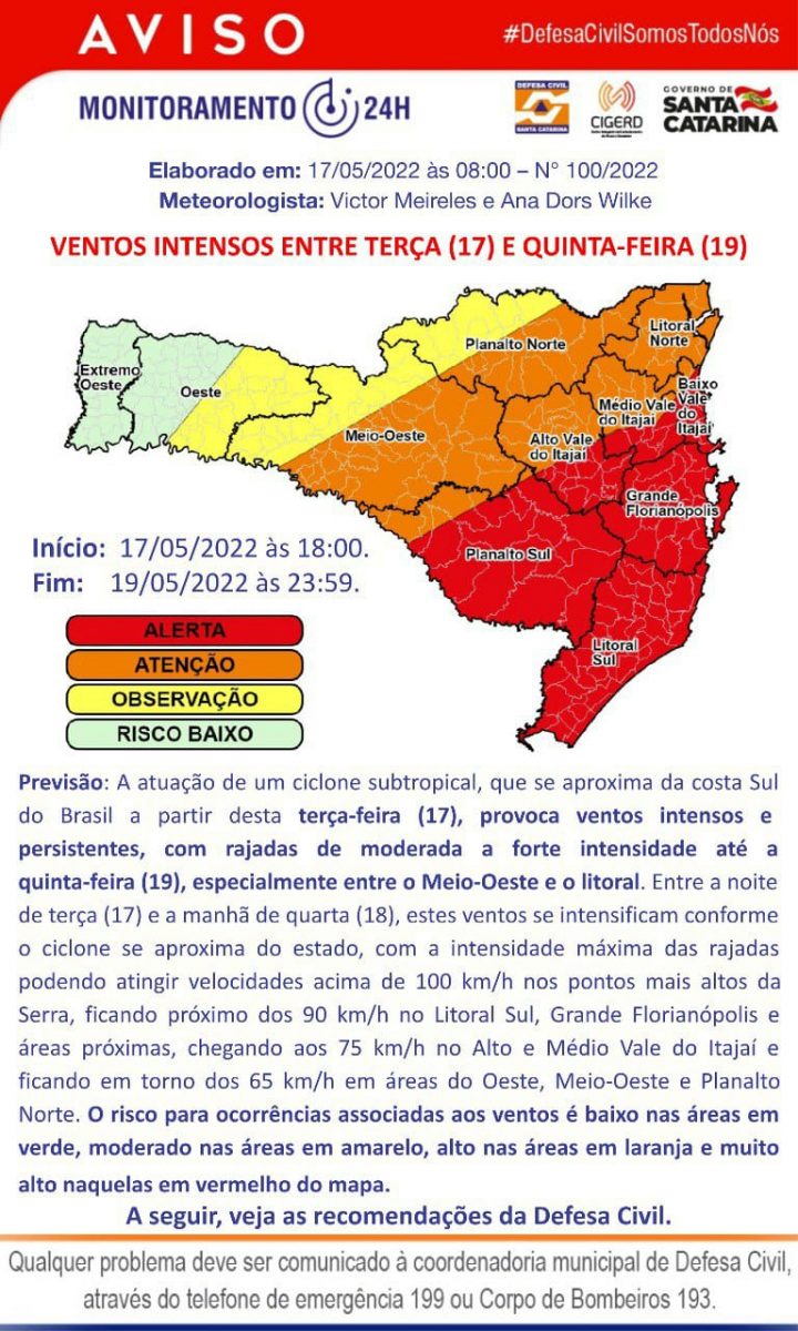 Defesa Civil alerta para ventos intensos a partir desta terça-feira (17)