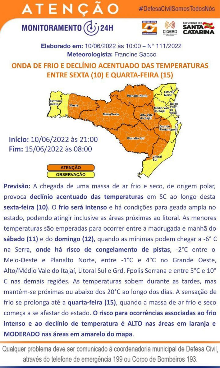 Temperaturas devem cair bruscamente a partir desta sexta-feira (10)