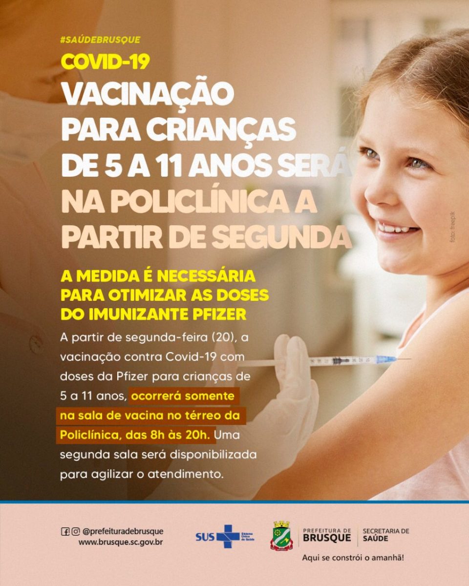 Covid-19: Vacinação para crianças de 5 a 11 anos a partir de segunda-feira (20), será na Policlínica