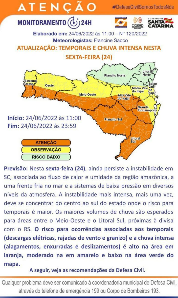 Defesa Civil mantém estado de observação para chuva intensa