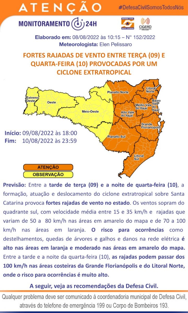 Defesa Civil alerta para chuva volumosa e fortes rajadas de vento entre terça e quarta-feira (9 e 10)