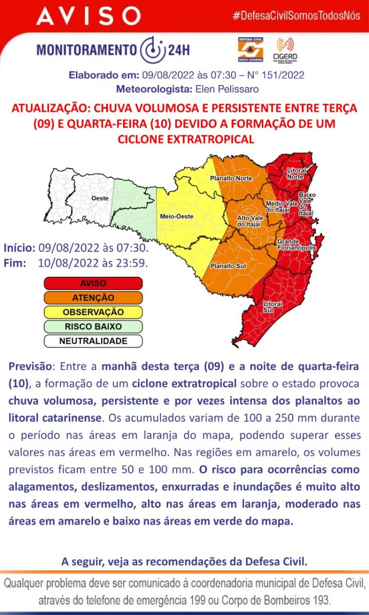 Defesa Civil atualiza alerta para vento e chuva volumosa