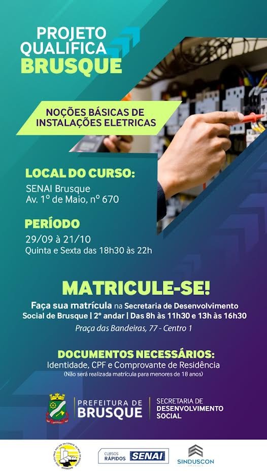 Prefeitura de Brusque e Senai oferecem curso de Noções Básicas de Instalações Elétricas