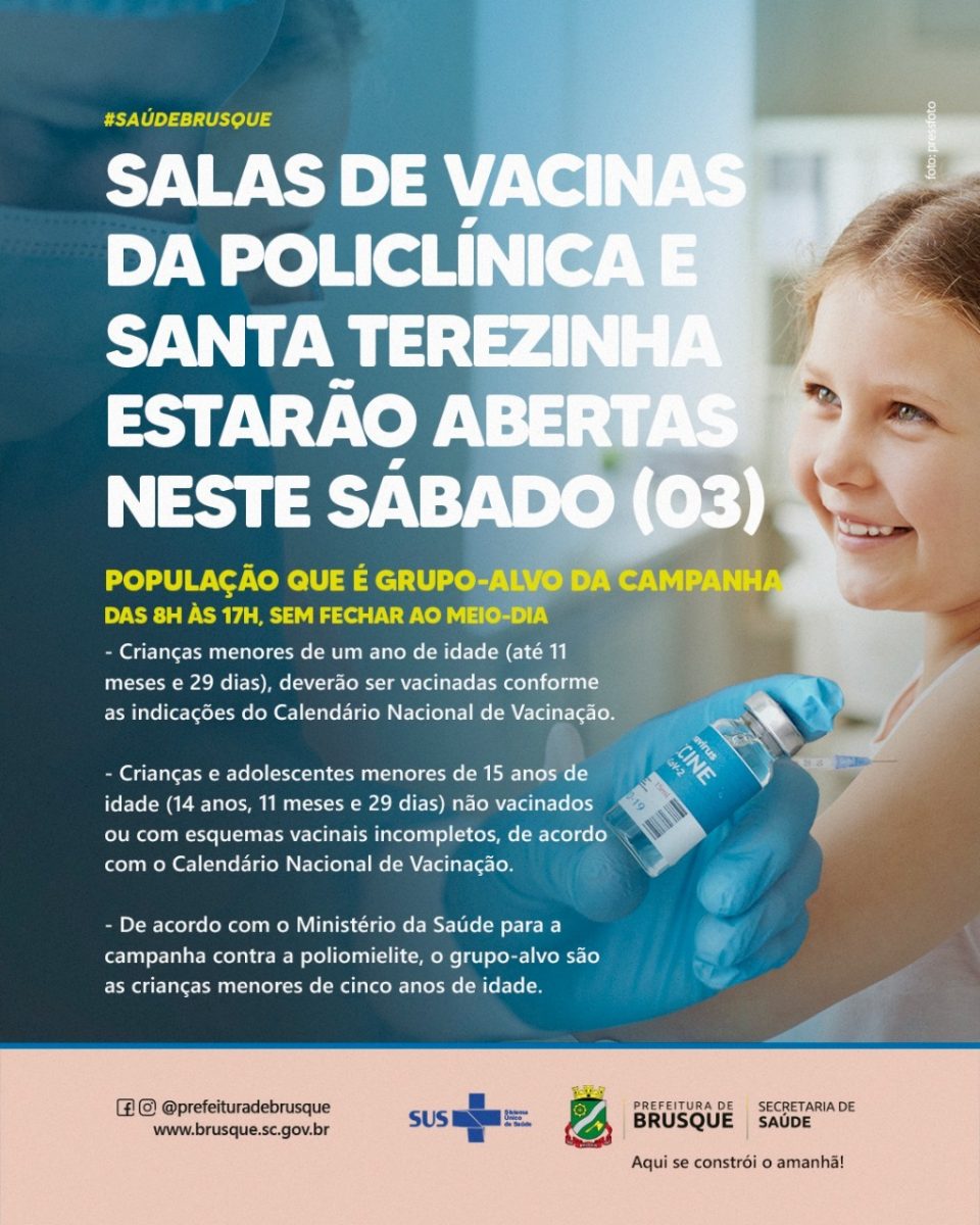 Salas de vacina da Policlínica e Santa Terezinha estarão abertas neste sábado (03)