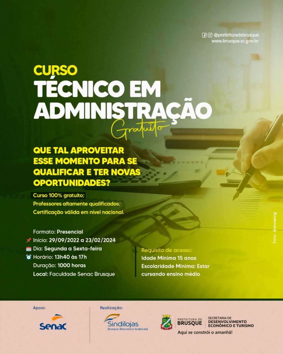 Matrículas abertas para curso técnico em Administração