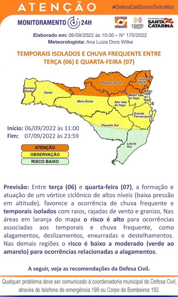 Defesa Civil está em observação para chuva frequente e temporais isolados