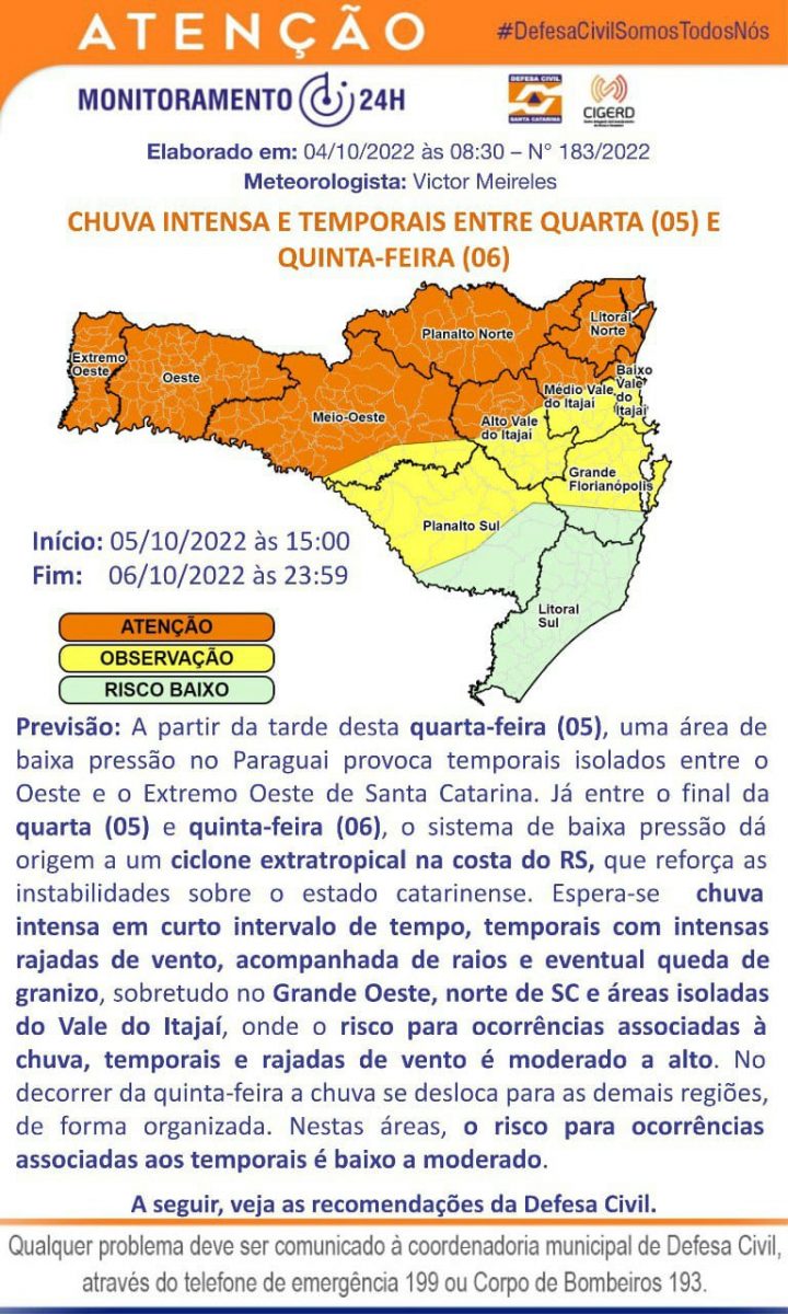 Defesa Civil alerta para chuva intensa e temporais