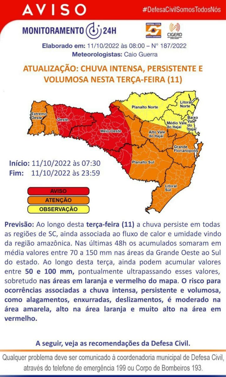 Defesa Civil atualiza boletim meteorológico