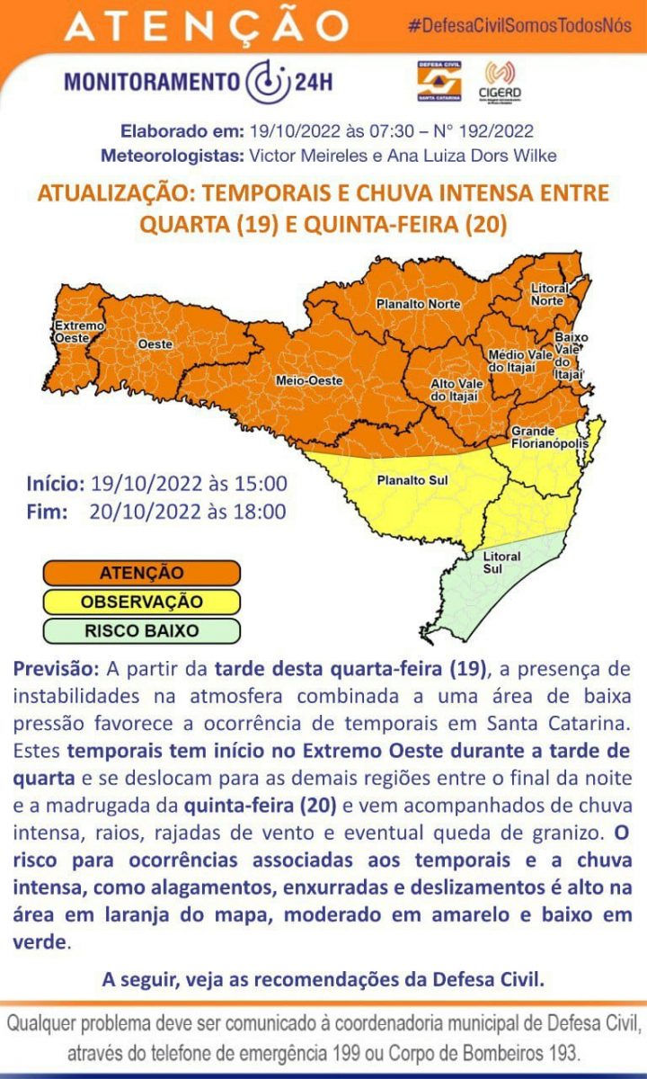 Defesa Civil alerta para possibilidade de temporais e chuva intensa entre esta quarta-feira (19) e quinta-feira (20)