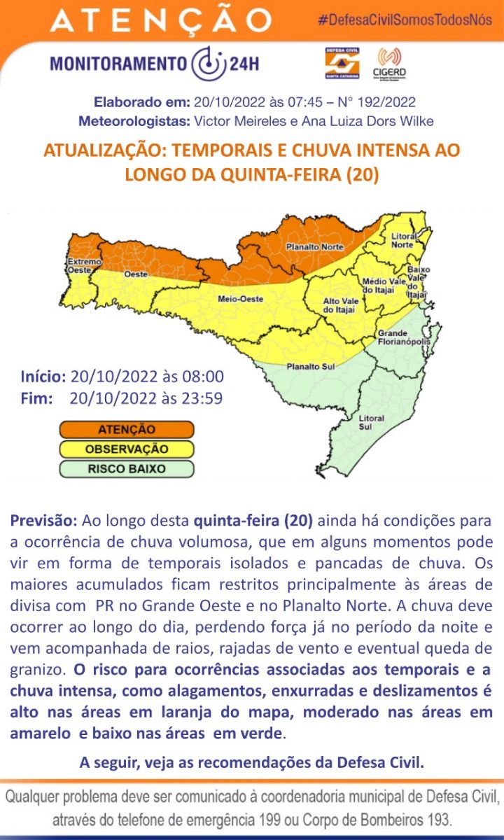 Defesa Civil atualiza aviso meteorológico