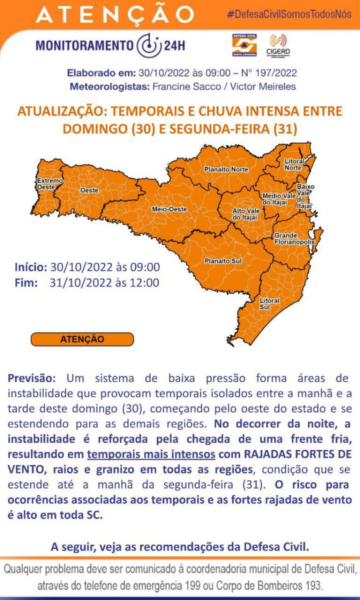 Defesa Civil de Brusque está em atenção para chuva intensa