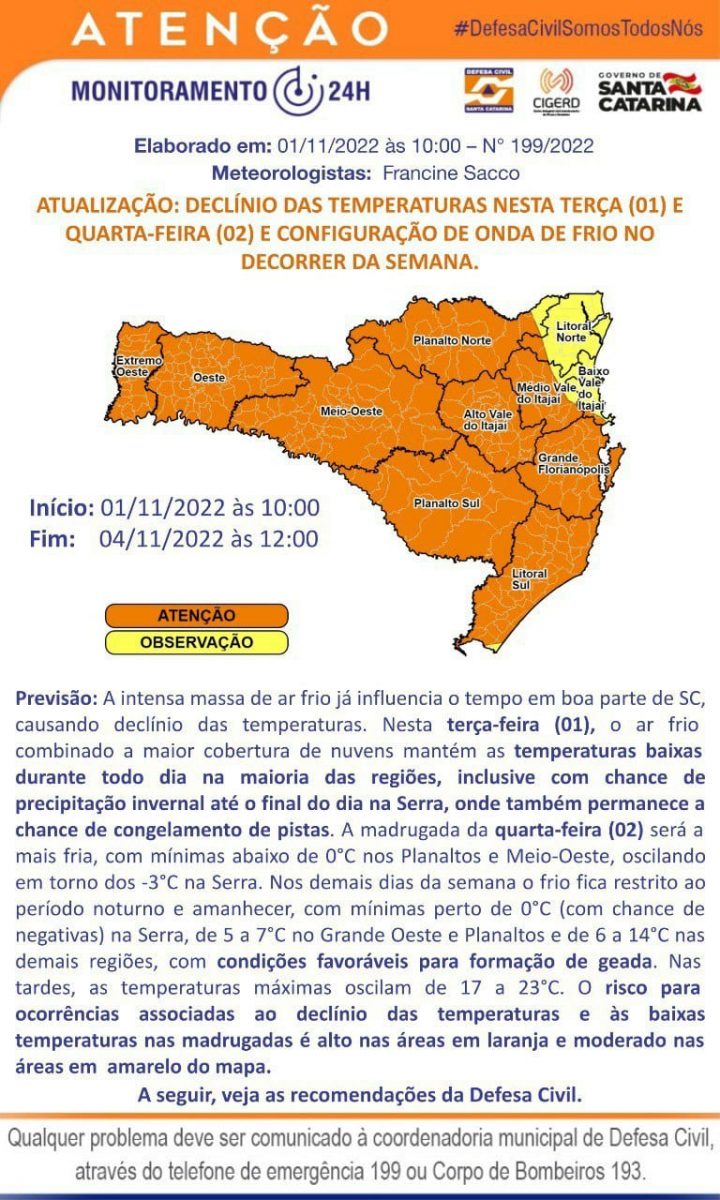 Defesa Civil alerta para declínio de temperatura