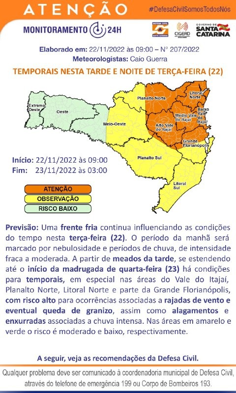 Defesa Civil está em atenção para temporais na tarde e noite de terça-feira (22)