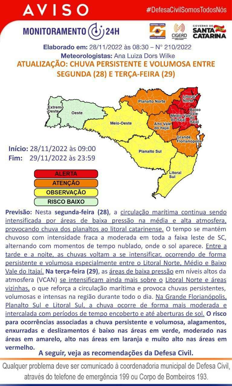 Defesa Civil alerta para chuva persistente e volumosa entre segunda e terça-feira (28 e 29)