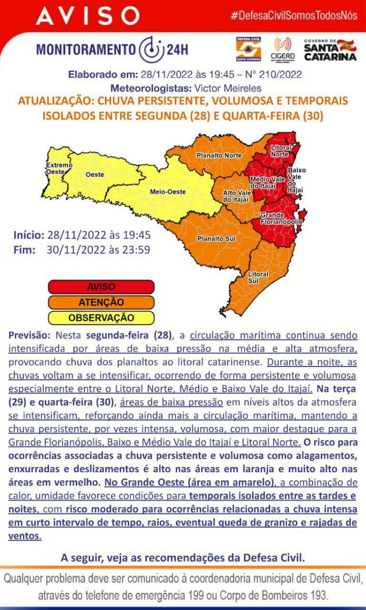 Defesa Civil segue em alerta para chuva persistente, volumosa e temporais isolados até quarta-feira (30)