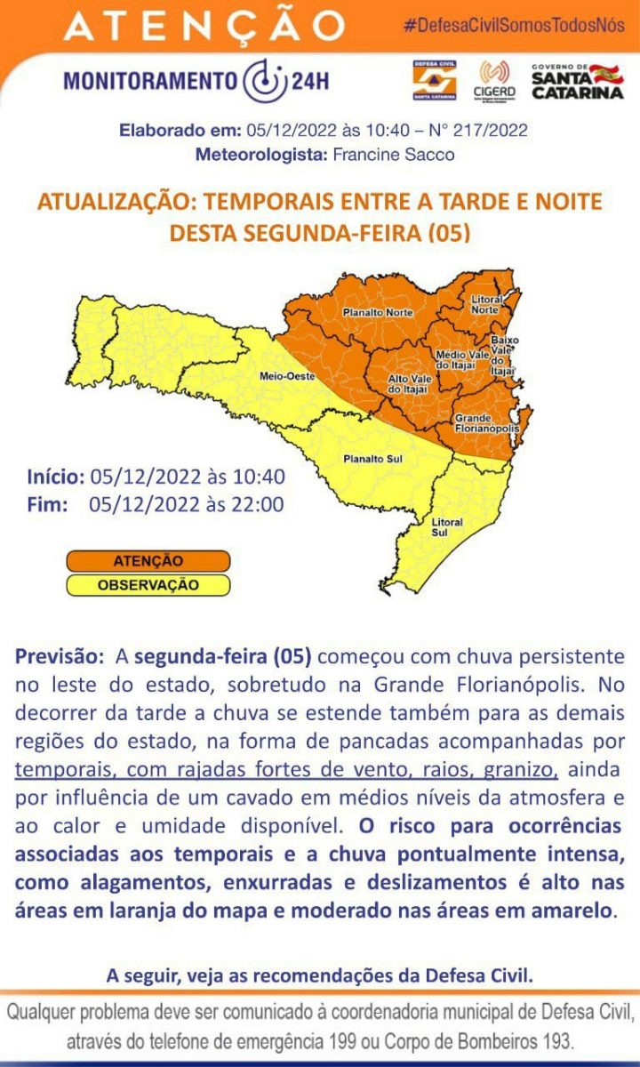 Defesa Civil está em estado de atenção para possibilidade de novos temporais