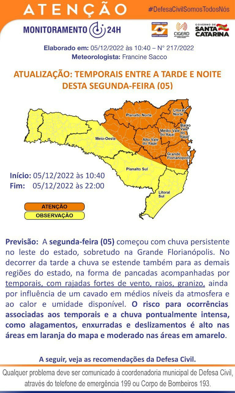 Defesa Civil está em estado de atenção para possibilidade de novos temporais