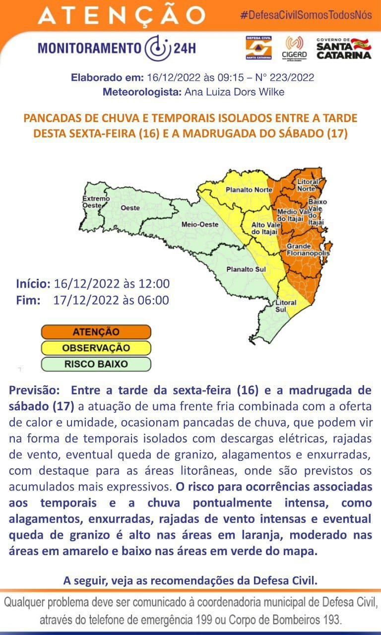 Atenção meteorológica: Defesa Civil alerta para pancadas de chuva e temporais isolados