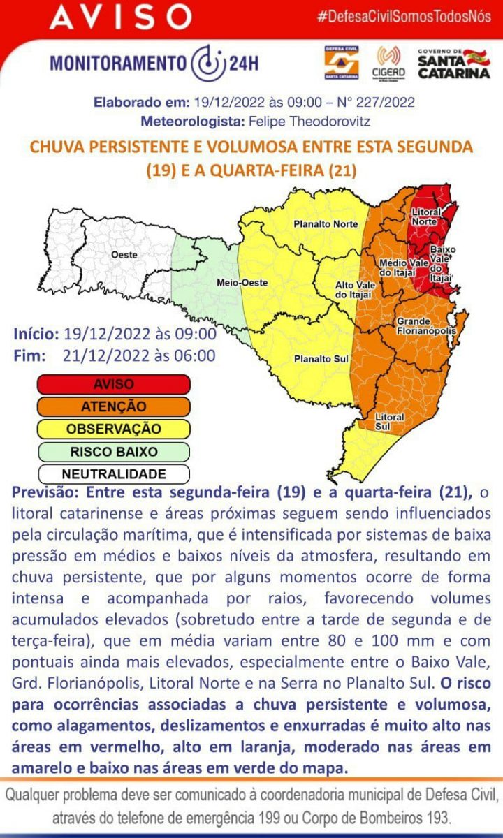 Defesa Civil alerta para possibilidade de chuva volumosa e persistente entre esta segunda-feira (19) e quarta-feira (21)