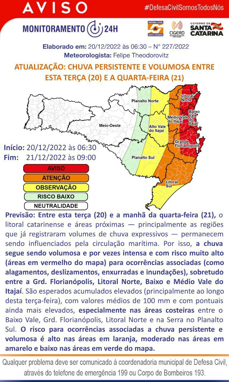 Brusque tem 12 ocorrências registradas em função das chuvas