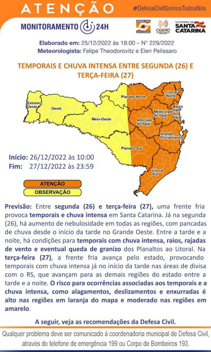 Previsão de temporais e chuva intensa nesta segunda e terça-feira