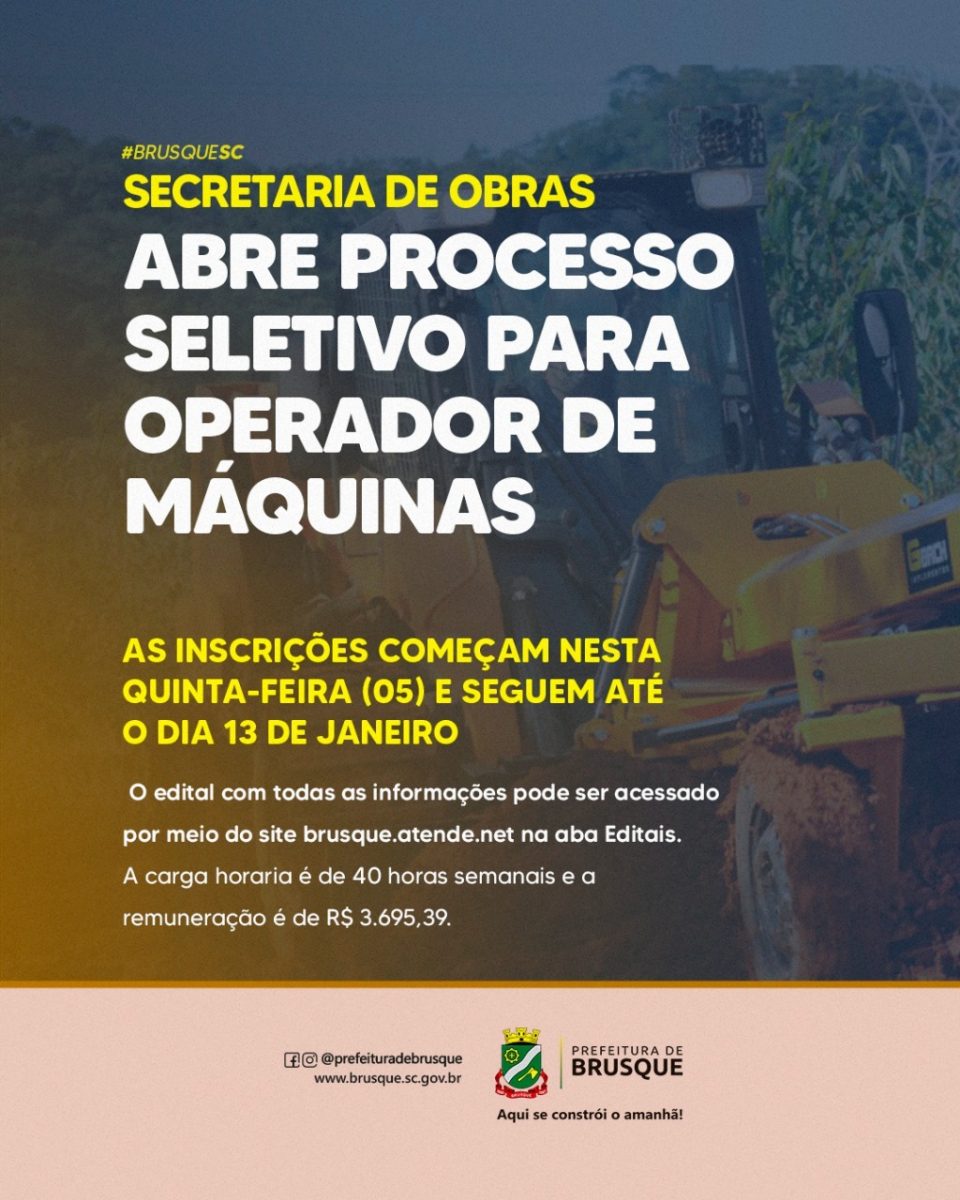 Secretaria de Obras abre processo seletivo para Operador de Máquinas