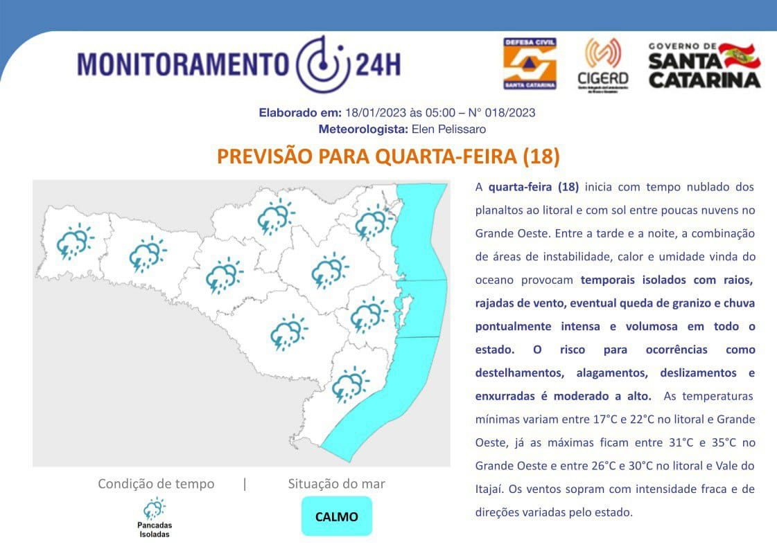 Defesa Civil alerta para possibilidade de temporais isolados entre esta quarta-feira (18) e quinta-feira (19)