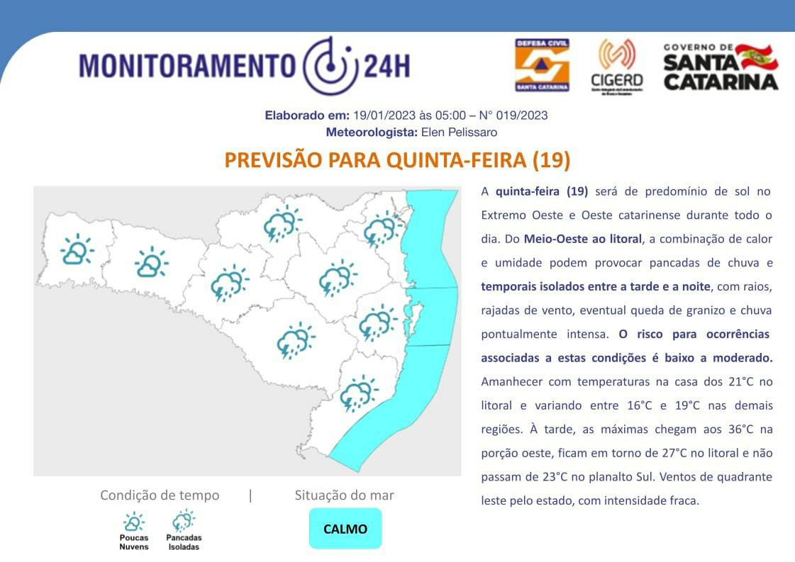 Brusque em observação para possível chuva intensa, rajadas de vento e granizo