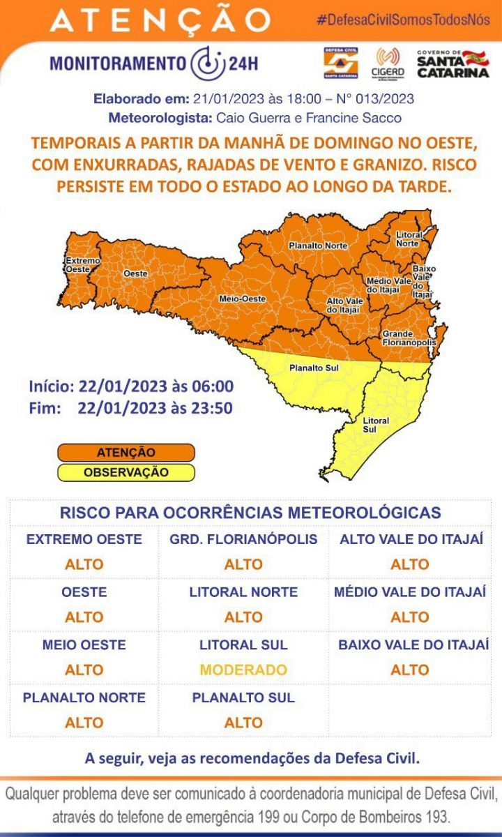 Alerta Defesa Civil – Chuva forte no domingo no Vale do Itajaí