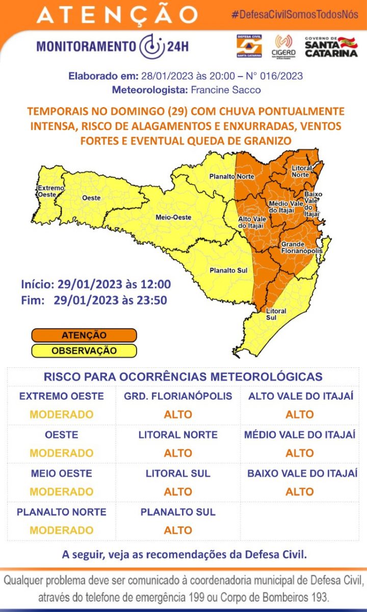 Brusque pode ter temporais isolados neste domingo