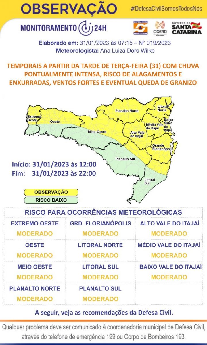 Defesa Civil em observação para chuva pontualmente intensa