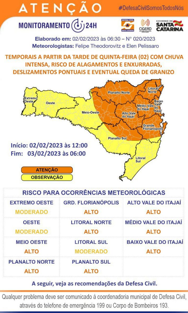 Aviso meteorológico: Defesa Civil em estado de atenção para temporais e granizo isolado