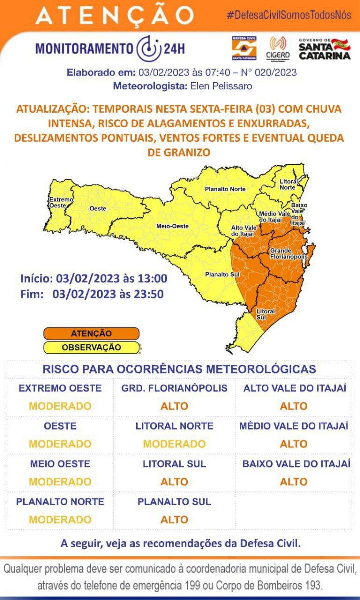 Aviso Meteorológico: Defesa Civil segue em estado de atenção